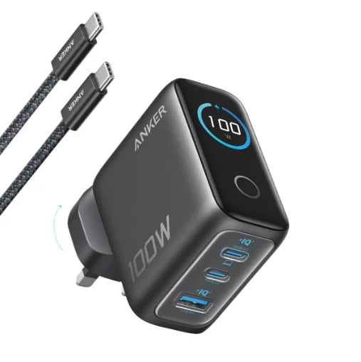 Anker Charger (100W, 3 Ports, Smart Display) 3輸出牆插充電器連 USB-C 充電線 B121B