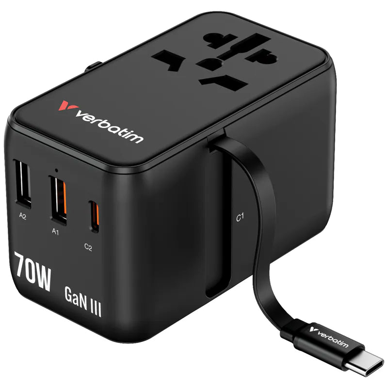 Verbatim Charge 'n' Travel 70W 通用旅行轉插 (附USB-C可伸縮充電線)