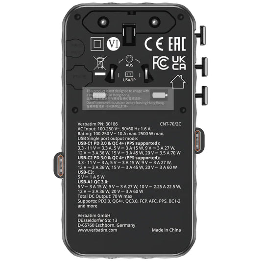 Verbatim Charge 'n' Travel Diamond 70W 通用旅行轉插(附雙USB-C可伸縮充電線) (CNT-70/2C)