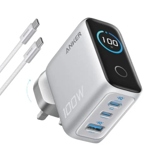 Anker Charger (100W, 3 Ports, Smart Display) 3輸出牆插充電器連 USB-C 充電線 B121B