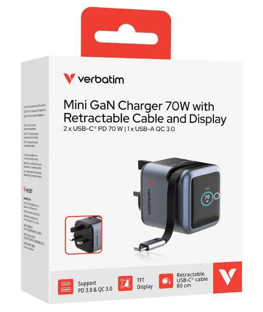 Verbatim Mini GaN Charger 70W, Display, USB-C cable, fixed UK Plug #31866