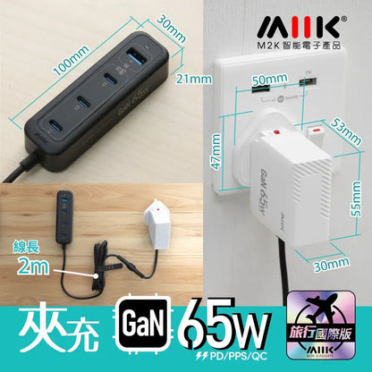 M2K GaN 65W『 夾充 』【旅行版】- 夾枱迷你快速充電器 (3C1A)