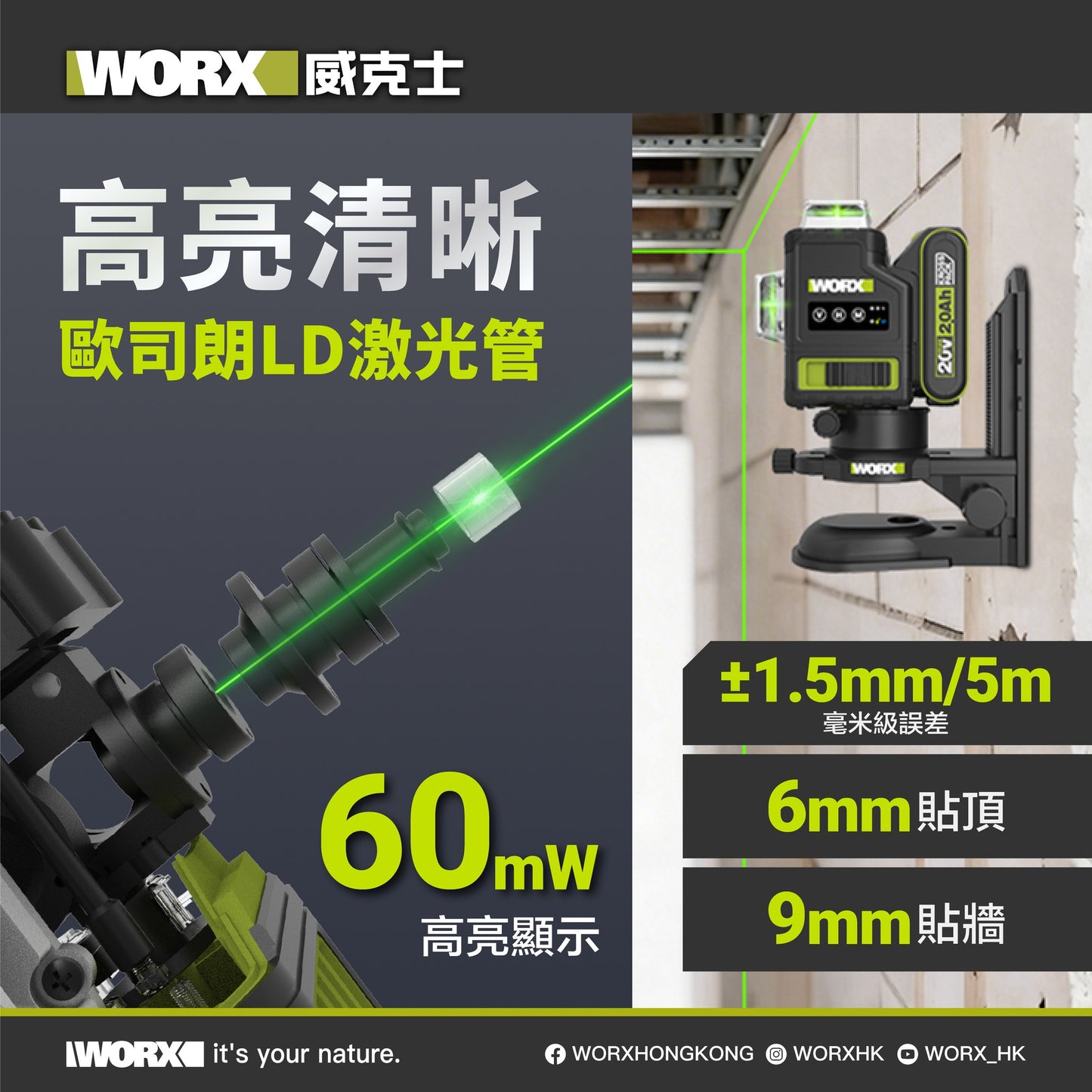 WORX WU005.9 20V 12線綠光貼墻平水儀【淨機不包電池及充電座】