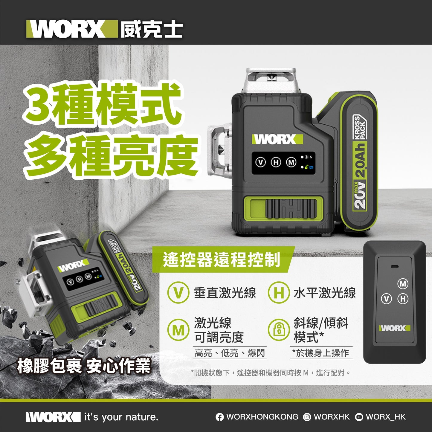 WORX WU005.9 20V 12線綠光貼墻平水儀【淨機不包電池及充電座】