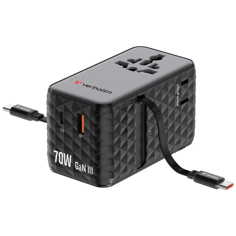 Verbatim Charge 'n' Travel Diamond 70W 通用旅行轉插(附雙USB-C可伸縮充電線) (CNT-70/2C)