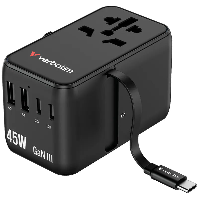 Verbatim Charge 'n' Travel 45W 通用旅行轉插 (附USB-C可伸縮充電線)