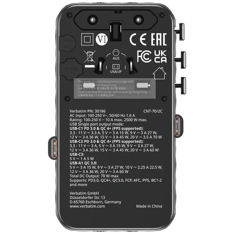 Verbatim Charge 'n' Travel Diamond 70W 通用旅行轉插(附雙USB-C可伸縮充電線) (CNT-70/2C)