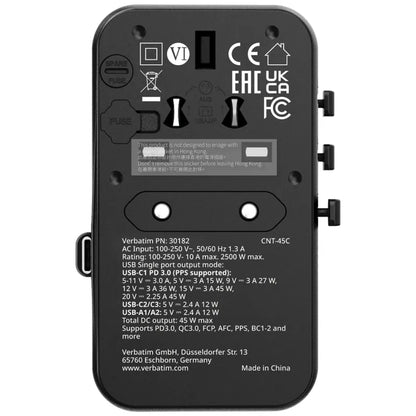 Verbatim Charge 'n' Travel 45W 通用旅行轉插 (附USB-C可伸縮充電線)
