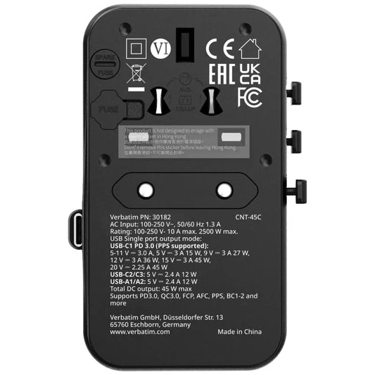 Verbatim Charge 'n' Travel 45W 通用旅行轉插 (附USB-C可伸縮充電線)