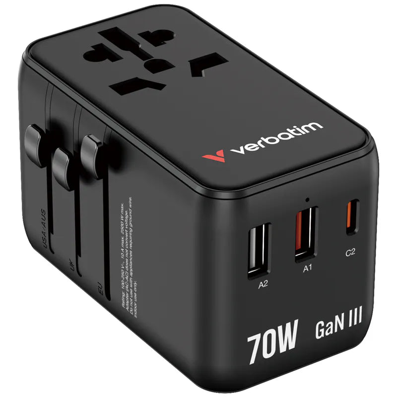 Verbatim Charge 'n' Travel 70W 通用旅行轉插 (附USB-C可伸縮充電線)