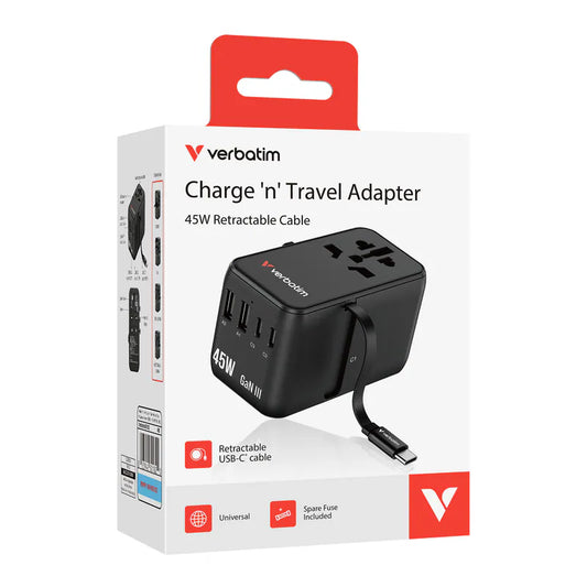 Verbatim Charge 'n' Travel 45W 通用旅行轉插 (附USB-C可伸縮充電線)