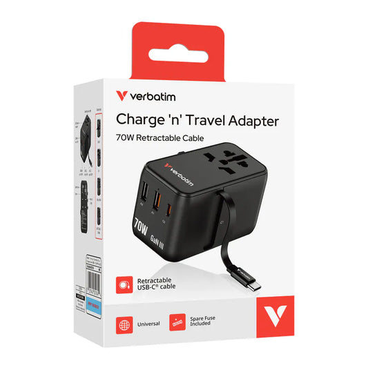 Verbatim Charge 'n' Travel 70W 通用旅行轉插 (附USB-C可伸縮充電線)