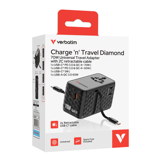 Verbatim Charge 'n' Travel Diamond 70W 通用旅行轉插(附雙USB-C可伸縮充電線) (CNT-70/2C)